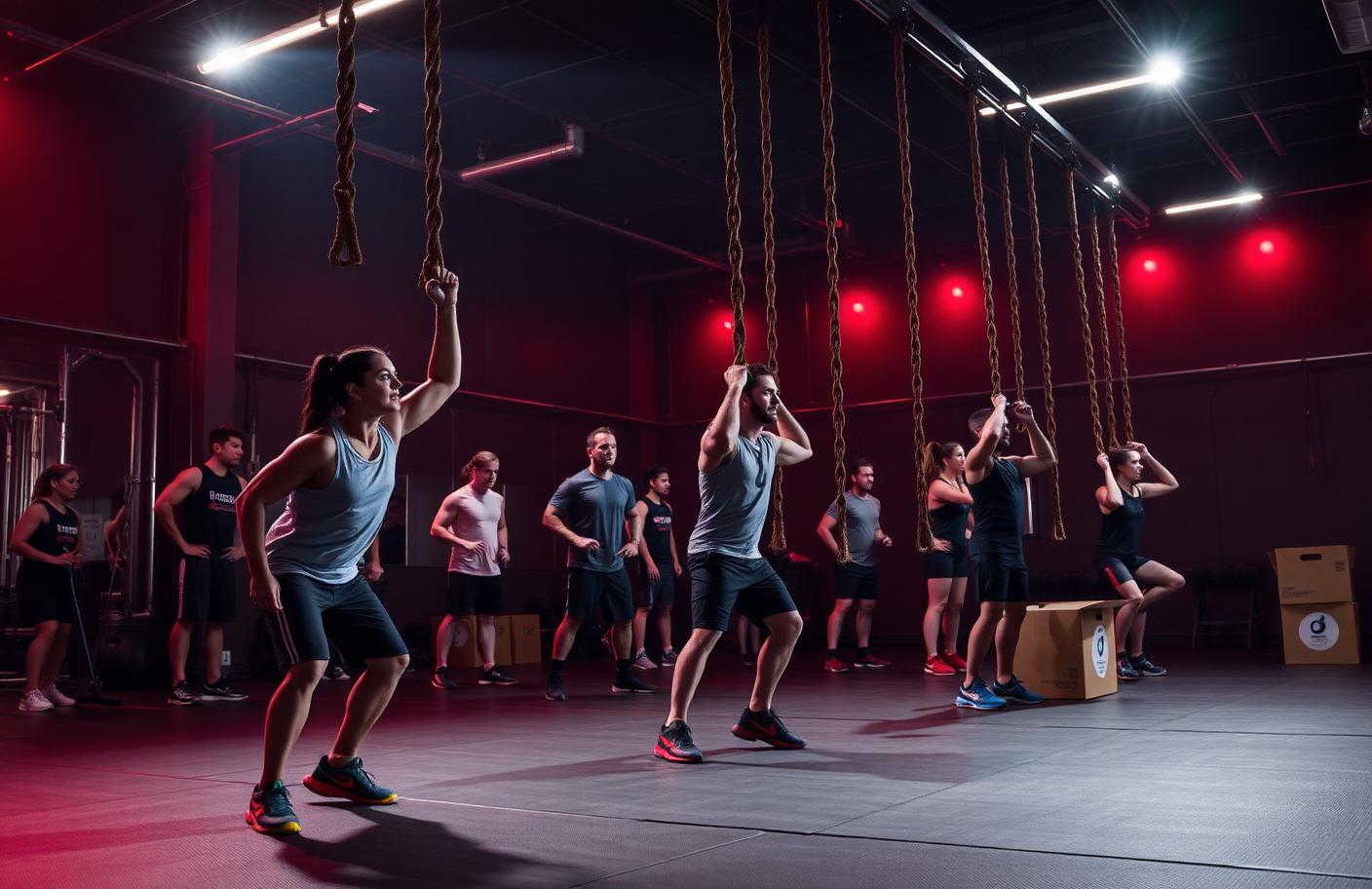 Turma de treino funcional e cross training com cordas e caixas