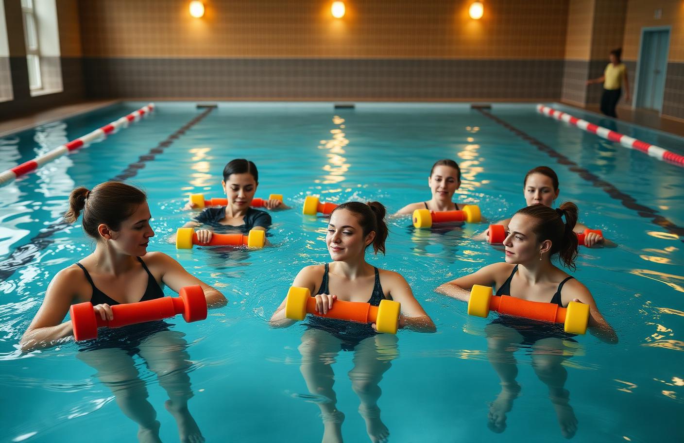 Turma de hidroginástica na piscina com halteres de espuma