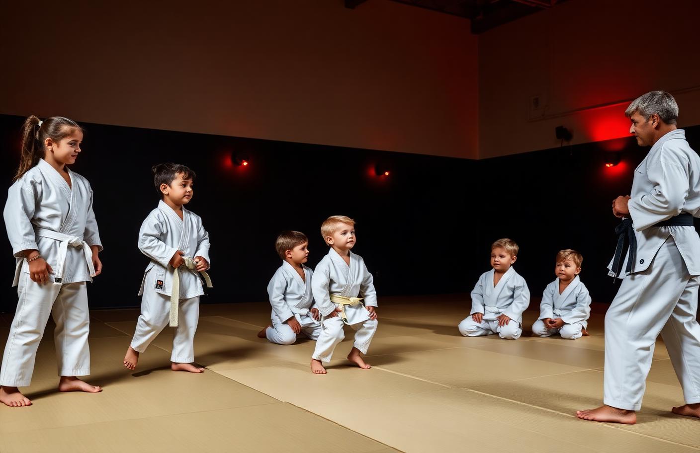 Turma de judô infantil no tatame da Sport Fitness
